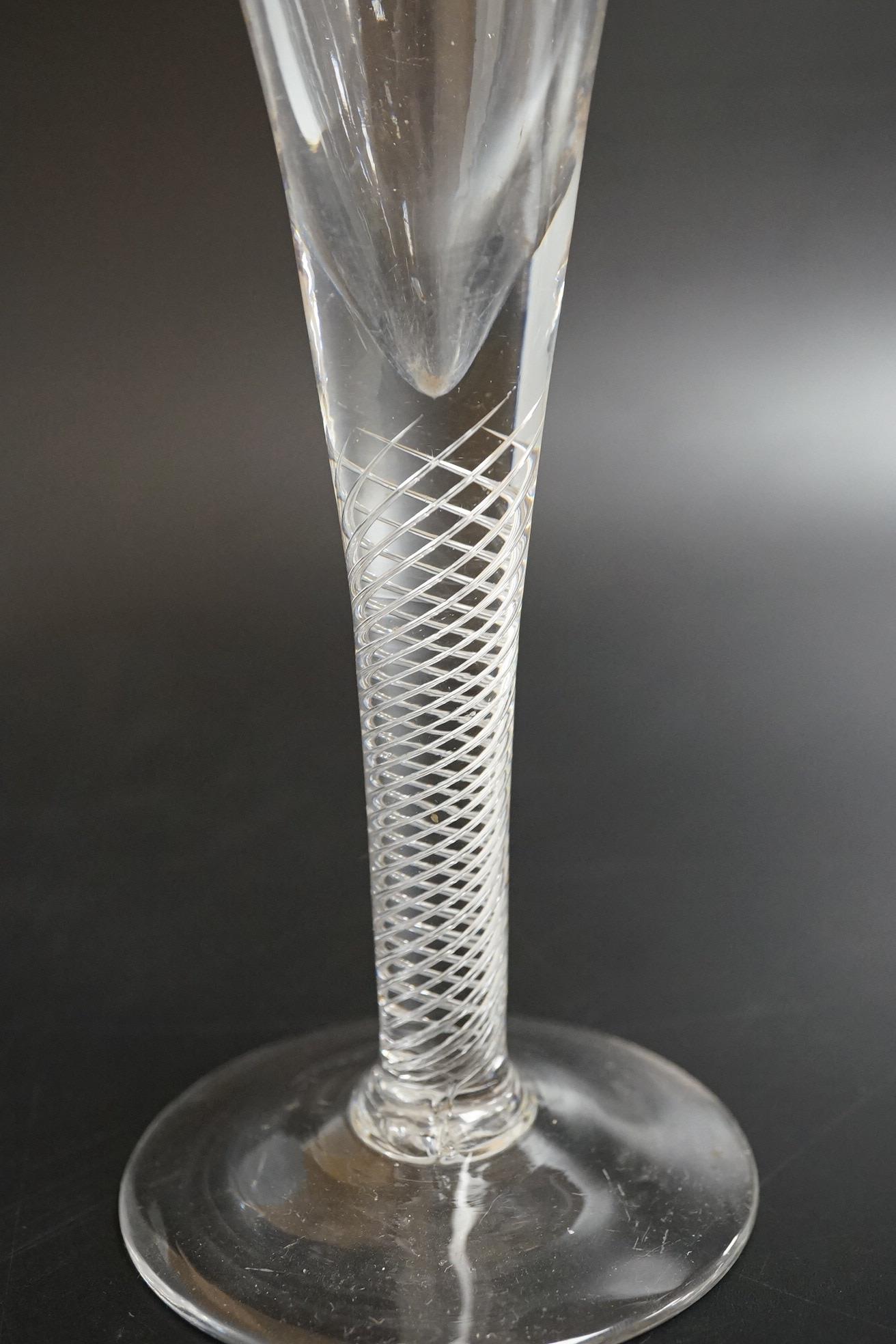 Two air twist stem funnel bowl wine glasses, c.1745, tallest 18.5cm high